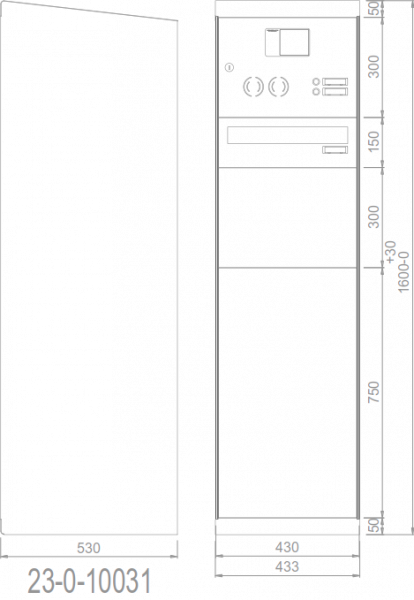 RENZ eQUBO elektronischer Paketkasten mit 2 Paketfächern und 1 Briefkasten sowie Sprech-/Klingelsystem Schrägdach 23010031 - schematische Darstellung